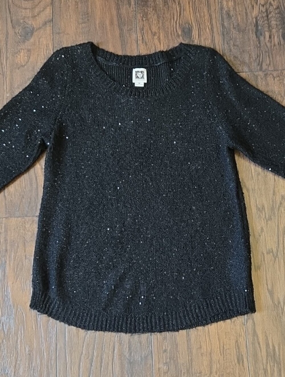 Anne Klein Black Sparkle Sequin Scoop Neck Sweater, Size Medium
